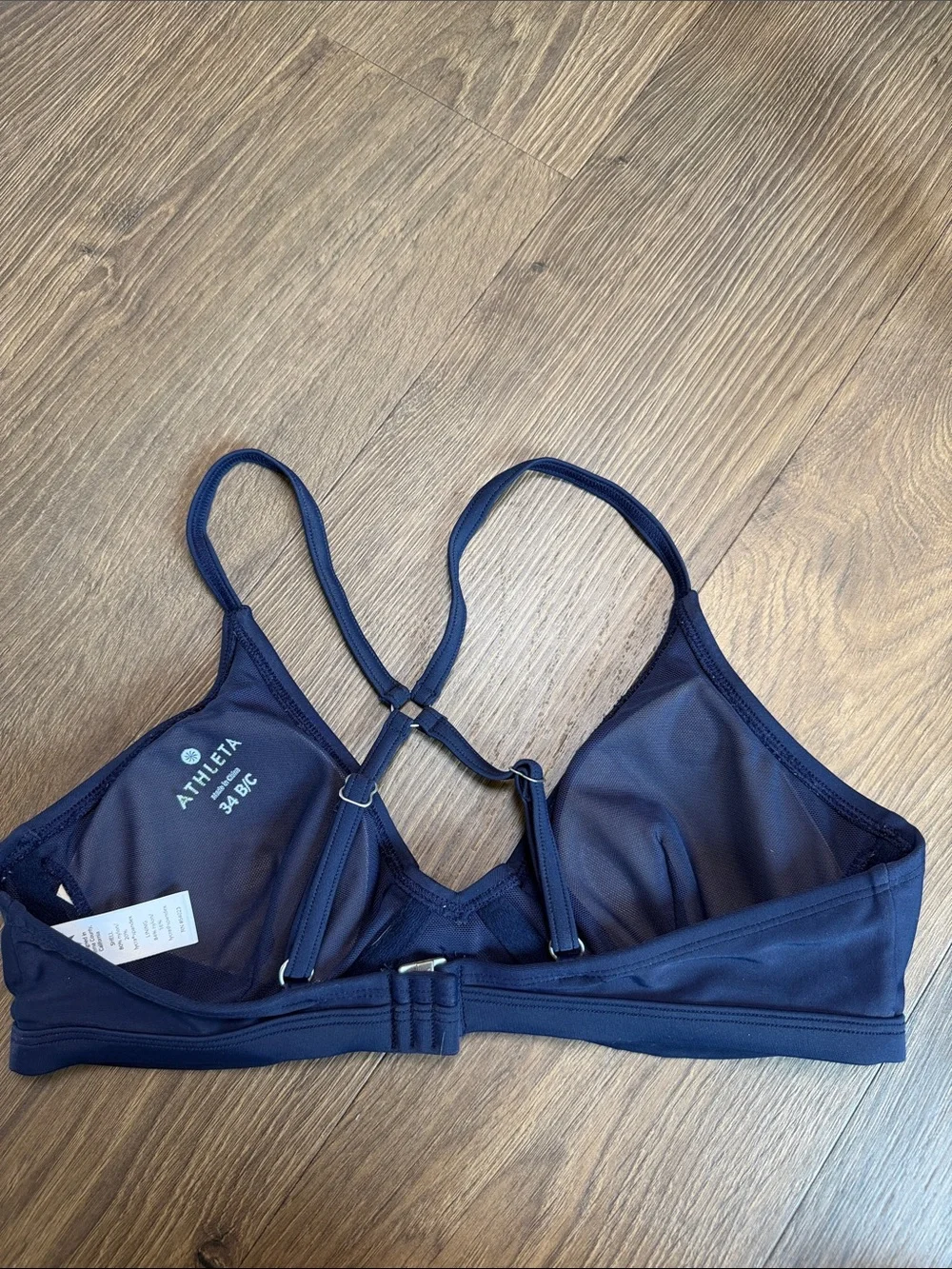 Athleta 34 B/C Underwire Bikini Top Size S/M Navy Blue Crisscross Back